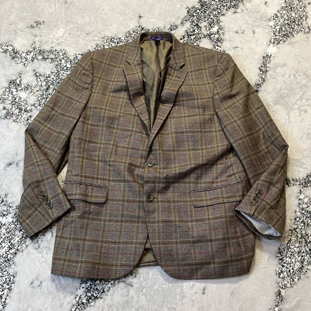 The Savile Row Co London Blazer Mens 44R Brown Plaid Bromley Wool Blend